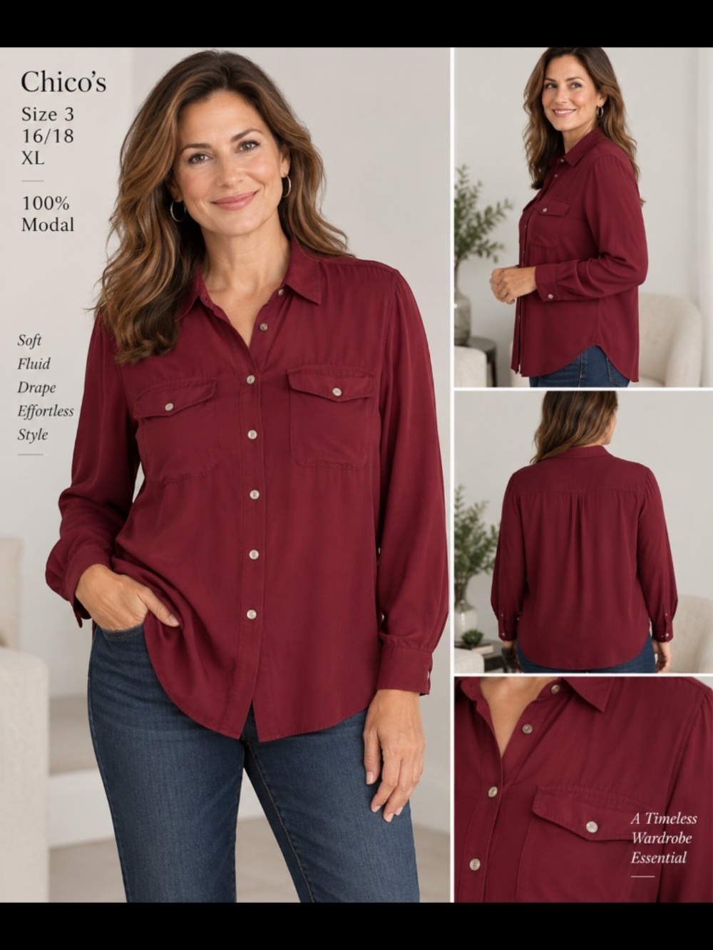 Chico's Size 3 XL 16/18 Burgundy 100% Modal Button Up Blousy Blouse Shirt